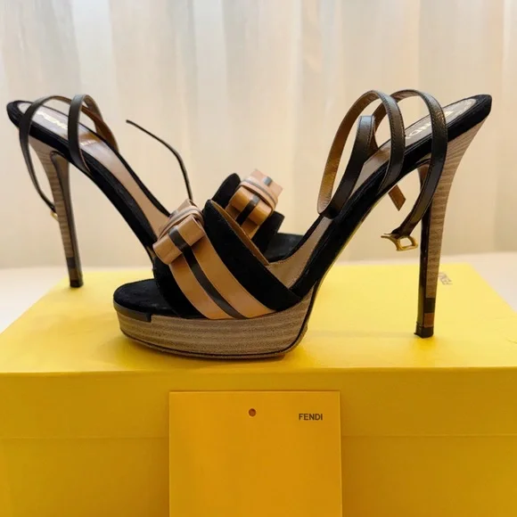 Fendi Zucca FF Logo Platform Strappy Heels Black Tan Leather Designer Sandals  7 - Picture 3 of 8